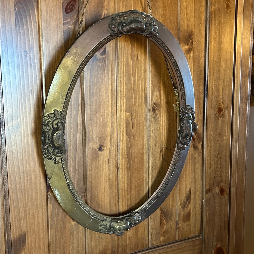 Large Antique Oval Gold and Brown Wooden Frame with Original Rope Hanger